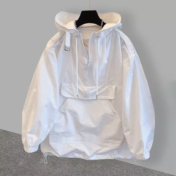 Ceisia Unisex Half Zip Hooded Windbreaker Oversized Big Pocket Drawstring Hem Loose Casual Pullover Jacket (White XXL) Gift