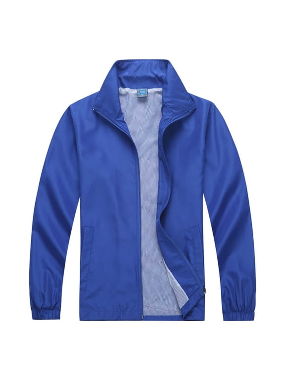 Unisex Stand Collar Full Zip Lightweight Windbreaker Mesh Lined Casual Outdoor Jacket Multiple Solid Colors (Blue L) Gift