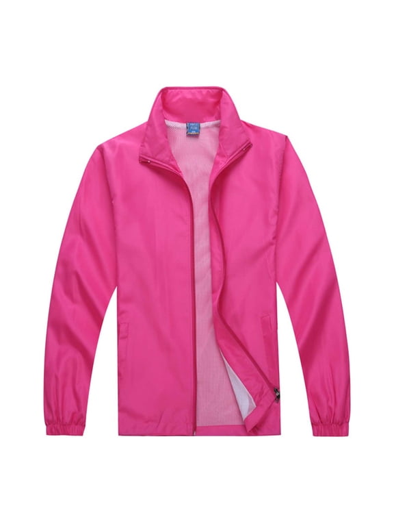 Unisex Stand Collar Full Zip Lightweight Windbreaker Mesh Lined Casual Outdoor Jacket Multiple Solid Colors (Hot Pink S) Gift