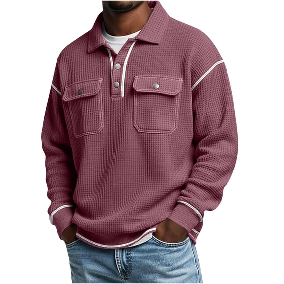 Ceisia Waffle Knit Tops Lightweight Polo Shirts for Men Long Sleeve Two Bottons Collar Sweaters with Flap Pockets Red L Gift
