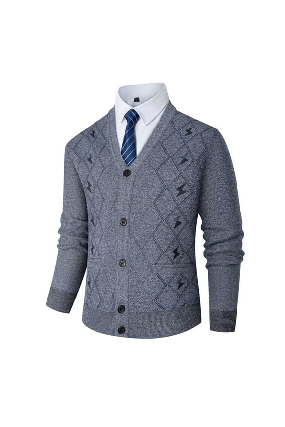 Warm Anti-Pilling Men's Slim Fit V-Neck Argyle Knit Cardigan with Pockets Gift