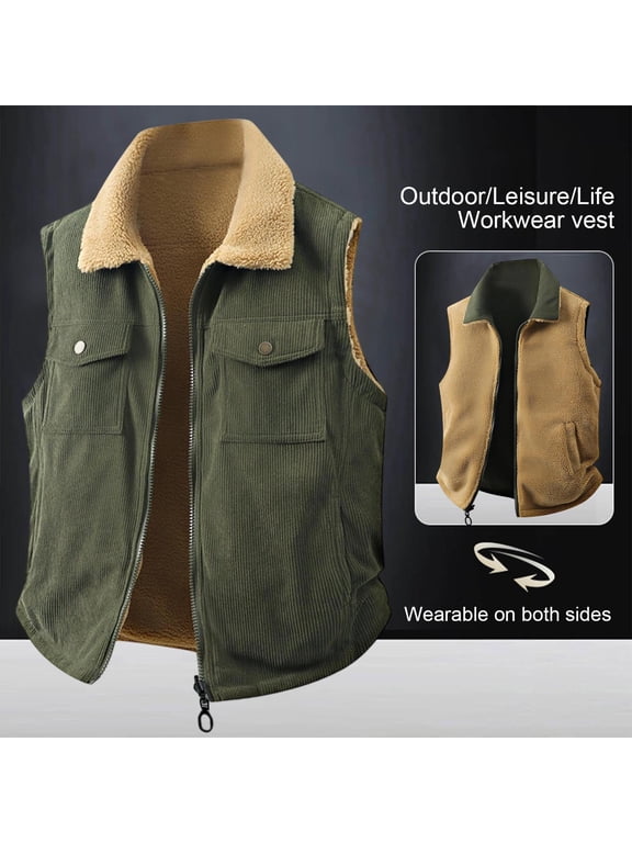 Warm Reversible Men's Loose Fit Turn-Down Collar Corduroy Lamb Fleece Vest Gift