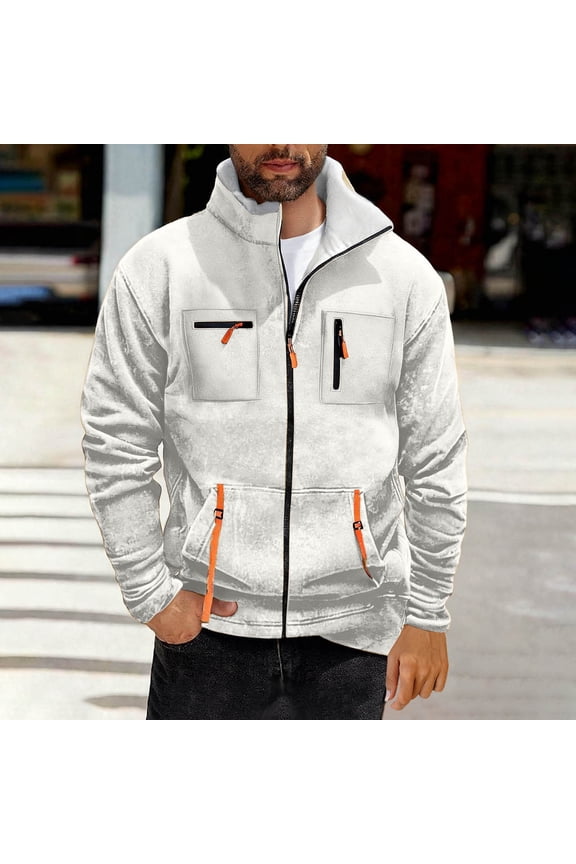 Warm Windproof Men's Loose Fit Stand-Collar Fleece Jacket with Multi-Pockets Gift