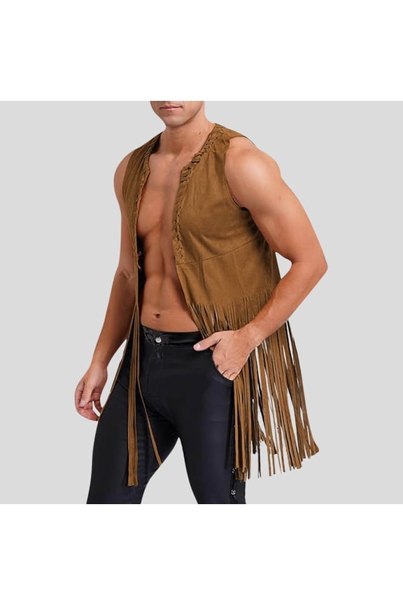 Western Retro Men's Loose Fit Sleeveless Tassel Faux Suede Vest Gift