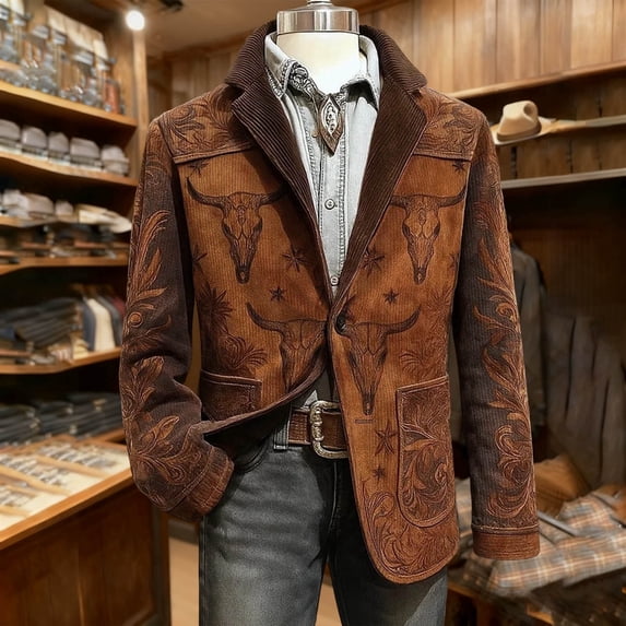 Ceisia Western Style Mens Regular Fit Corduroy Embossed Print Blazer Gifts