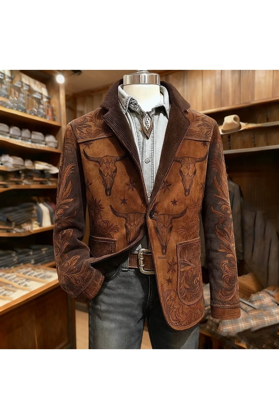 Western Style Mens Regular Fit Corduroy Embossed Print Blazer Gifts