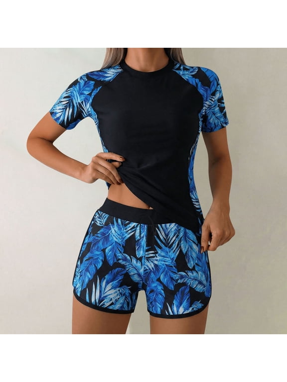 Womens 2 Piece Tropical Print Rash Guard Set Short Sleeve Swim Shirt with Boyshorts UPF 50+ Surfing Bathing Suit Black XXL Gift