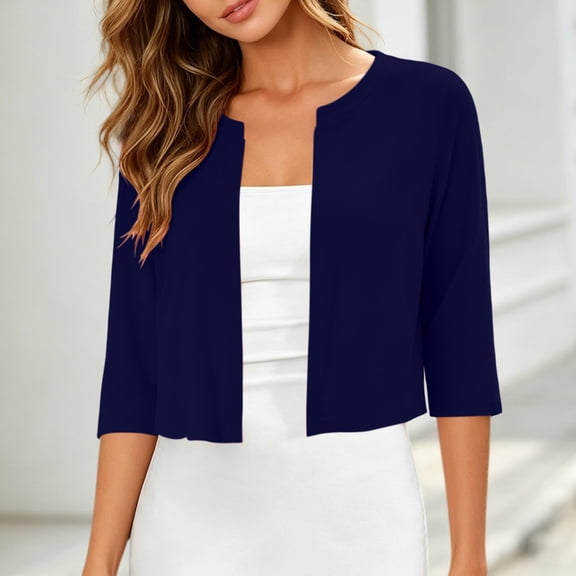 Ceisia Womens 3/4 Sleeve Open Front Cropped Shrug Lightweight Bolero Cardigan Blue M Gift