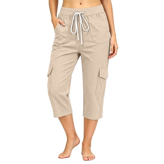 Ceisia Womens Drawstring Waist Cargo Capri Pants Lightweight Casual Wide Leg Cropped Pants with Multi Pockets for Hiking Outdoor Beige XXXL Gift