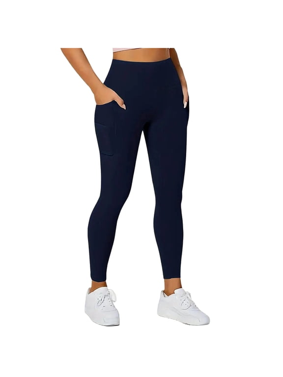 Womens High Waist Yoga Leggings Side Pockets Stretch Tummy Control Solid Skinny Workout Pants 88%Polyamide,12%Elastare S Navy Halloween Gift