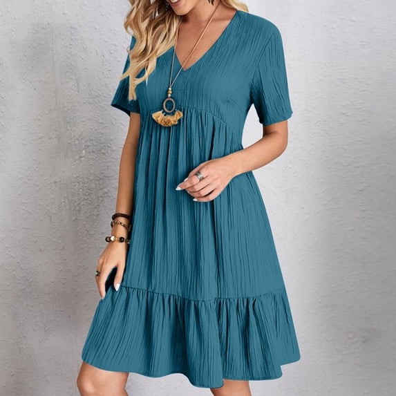 Ceisia Womens V-Neck Short Sleeve Ruffle Hem Mini Dress Casual Loose Pleated Flowy Beach Sundress for Summer Vacation Blue XXXXL Gift