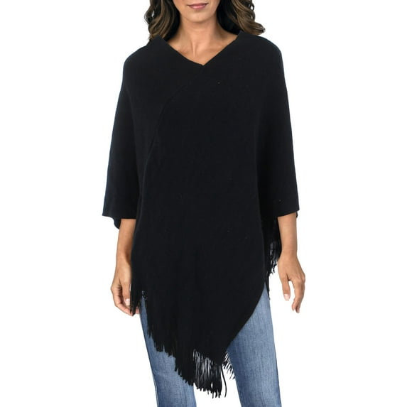 Cejon Women's Back to Basics Knit Fringe Ruana Poncho -Black One Size
