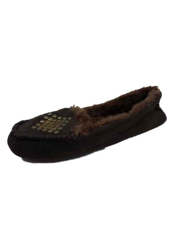 Womens Brown Studded Moccasin Slippers Small (5-6)