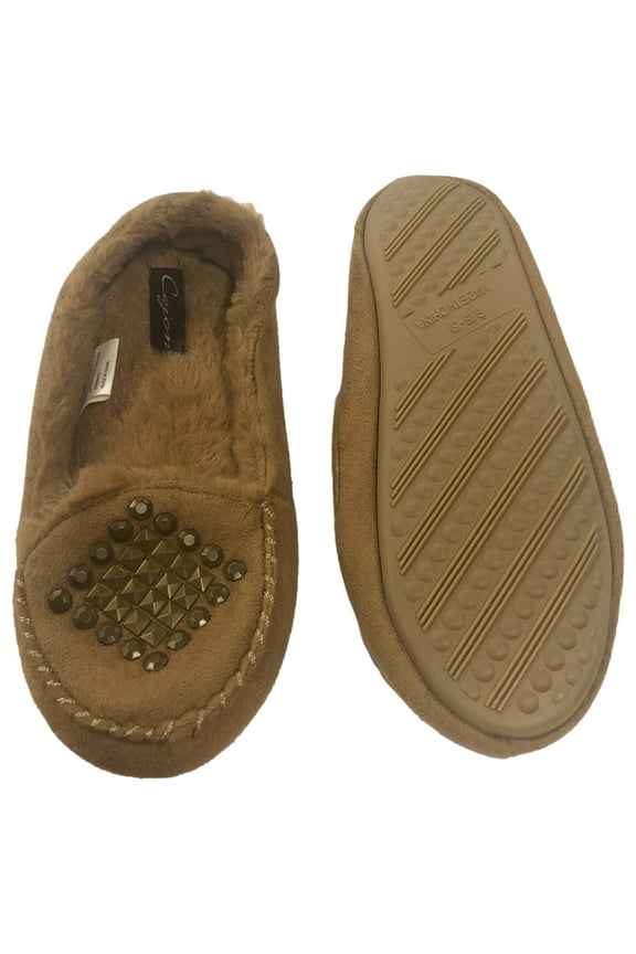 Womens Tan Studded Moccasin Slippers Large (9-10)