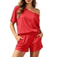 thumbnail image 1 of Cekizud 2 Piece Sets for Women Casual Short Sleeve Off-Shoulder Top and Shorts with Pockets Outfit Sets,Sizes XS-4XL, 1 of 8