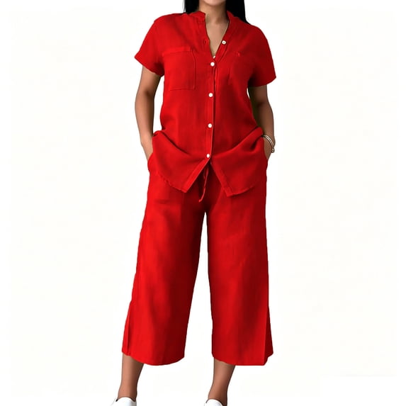 Cekizud 2 Piece Sets for Women Plus Size Short Sleeve Button Down Shirt and Drawstring Capri Pants Summer Sets,Sizes S-5XL