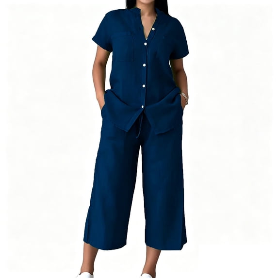 Cekizud 2 Piece Sets for Women Plus Size Short Sleeve Button Down Shirt and Drawstring Capri Pants Summer Sets,Sizes S-5XL