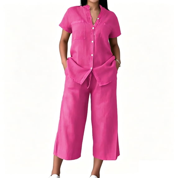 Cekizud 2 Piece Sets for Women Plus Size Short Sleeve Button Down Shirt and Drawstring Capri Pants Summer Sets,Sizes S-5XL
