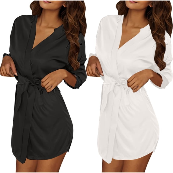 Cekizud 2PC Robes for Women Ice Silk Long Sleeve Tie Waist Loose Silky Nightdress