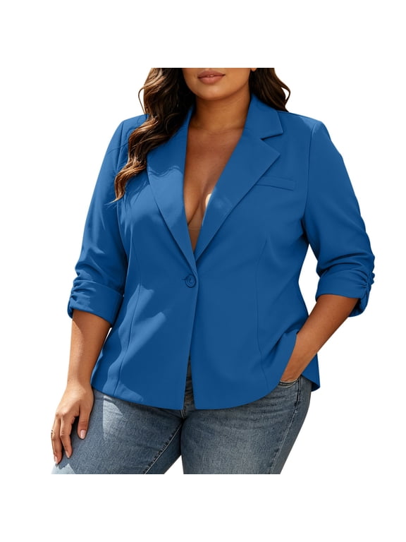 Blazers for Women Plus Size Lapel Pleated Ruffled 3/4 Sleeve Suit Jackets Work Office,Sizes L-5XL