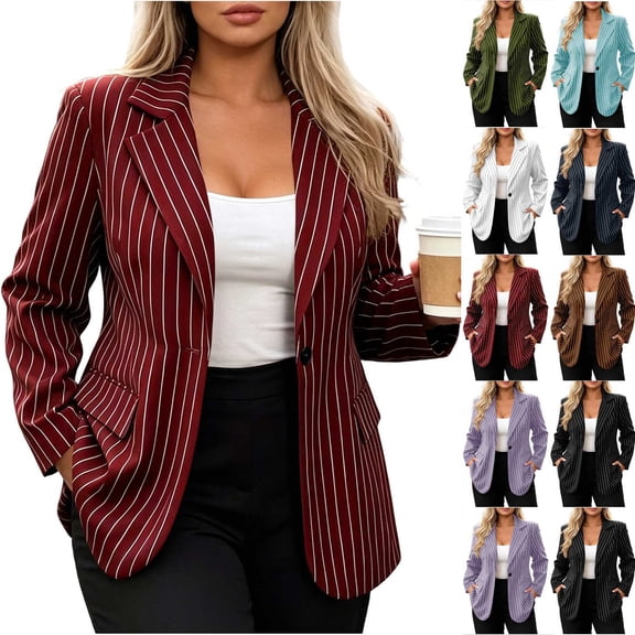 Cekizud Blazers for Women Stripe Button Long Sleeve Collared Casual Work Office Suit Jackets,Sizes S-2XL