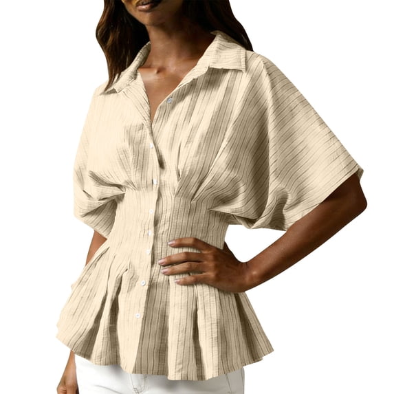 Cekizud Blouses for Women Dressy Casual Striped Peplum Waist Short Sleeve Button Down Shirt,Sizes S-XL