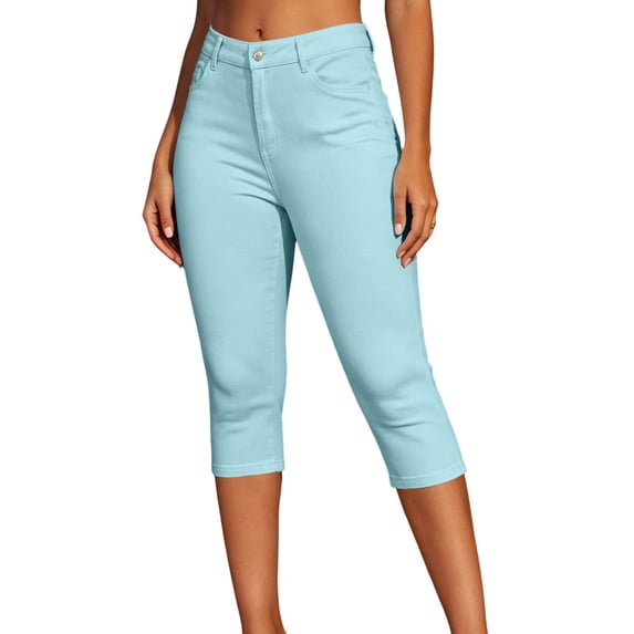 Cekizud Capri Pants for Women High Waist Button Stretch Slim Fit Cropped Capris,Sizes S-2XL