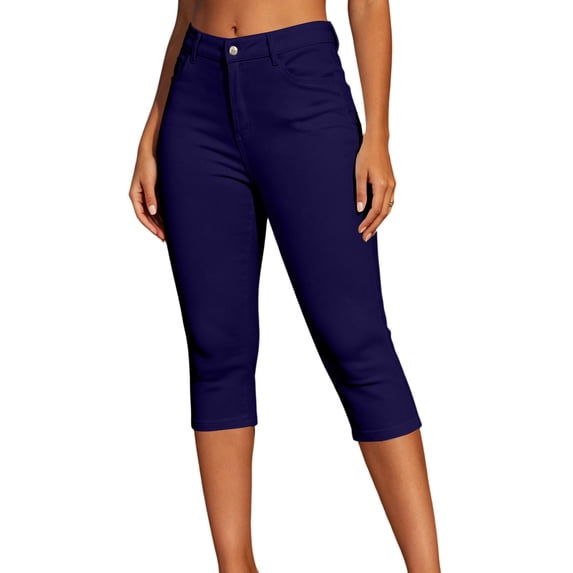 Cekizud Capri Pants for Women High Waist Button Stretch Slim Fit Cropped Capris,Sizes S-2XL