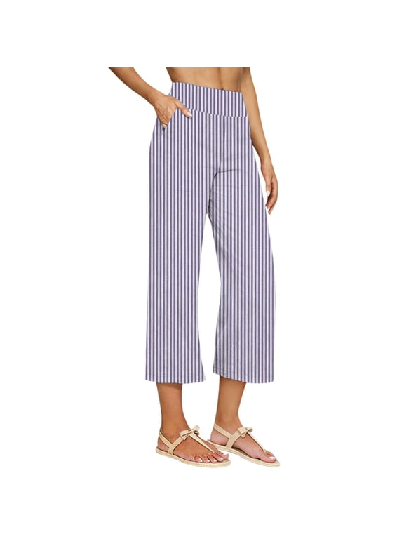 Capri Pants for Women Pull On High Waist Linen Striped Trendy Casual Cropped Pants,Sizes S-3XL