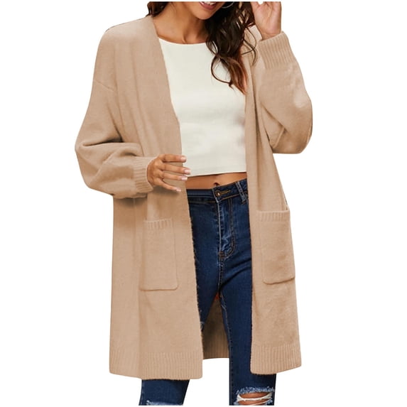 Cekizud Cardigan Sweaters for Women Long Sleeve Ribbed Knit Open Front Casual Fall Outerwear Tops with Big Pockets, S-3XL