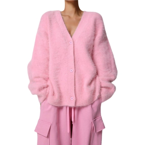 Cekizud Cardigan Sweaters for Women V‑Neck Button Down Loose Knitted Fall Outerwear Tops, S-L