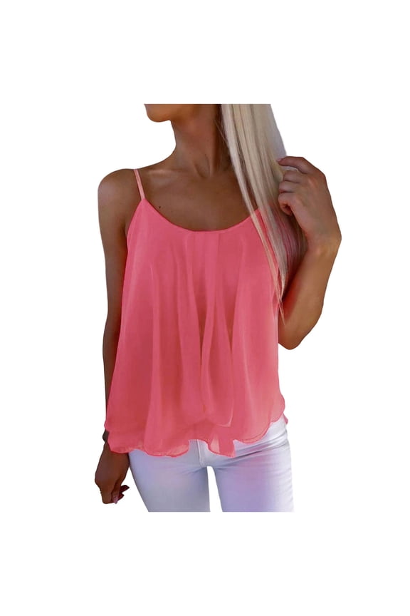 Comisole Tops for Women Chiffon Spaghetti Strap Layered Ruffle Hem Flowy Casual Tank Top,Sizes S-XL