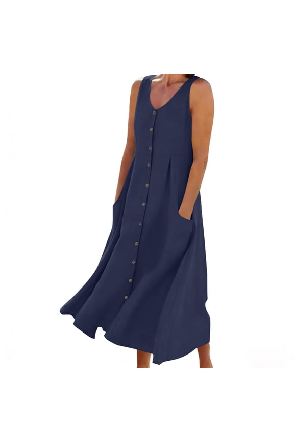 Dresses for Women Sleeveless V Neck Button Front A-Line Midi Dress with Pockets,Size S-2XL