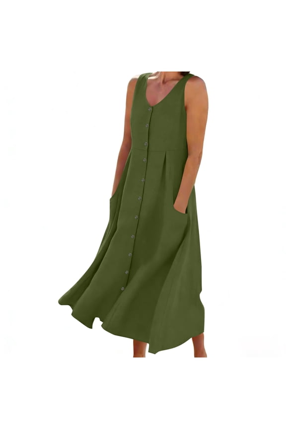 Dresses for Women Sleeveless V Neck Button Front A-Line Midi Dress with Pockets,Size S-2XL