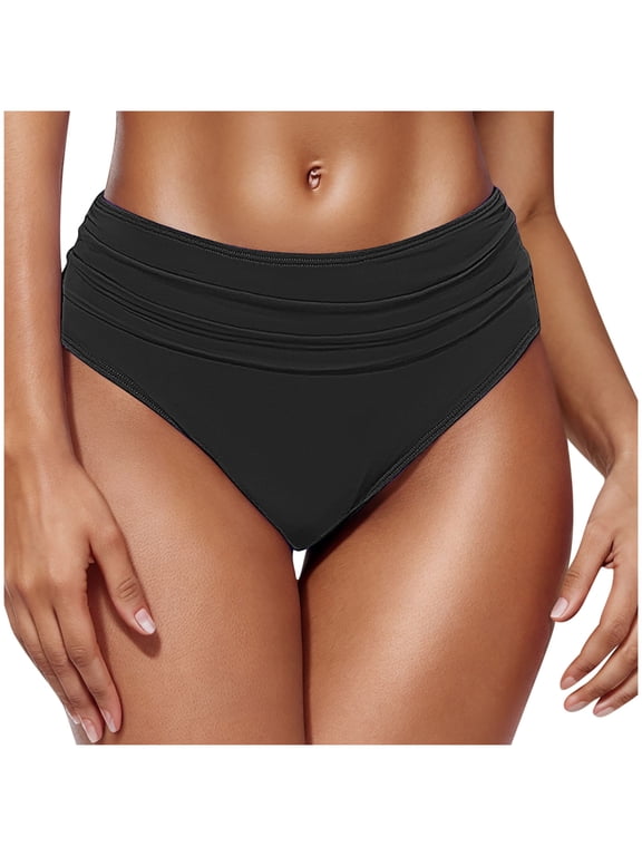 Full Coverage Bikini Bottoms for Women Mid Rise Bathing Suit Ruched Tummy Control Swim Bottoms,Sizes S-2XL