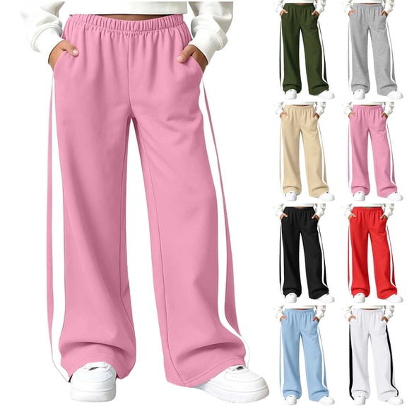 Cekizud Girls Side White Stripe Wide Leg Sweatpants Elastic Waist Loose Casual Track Pants with Pockets