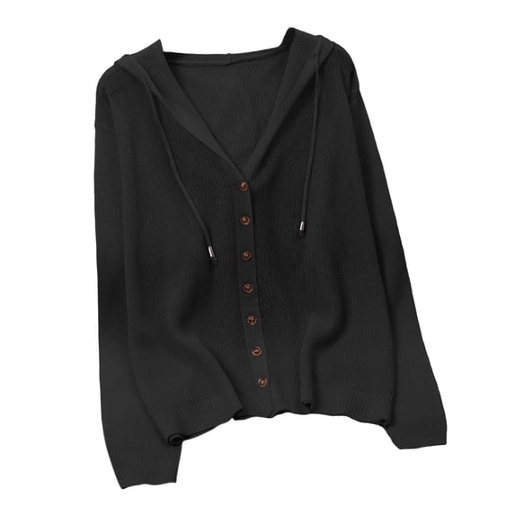 Cekizud Hooded Knit Cardigan for Women Long Sleeve Button Front Drawstring Hood Casual Cardigan Sweater, Free Size