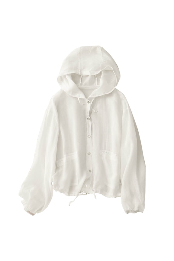 Jackets for Women Breathable Linen Like Sun Jacket Hooded Button Down Casual Summer,Sizes M-2XL