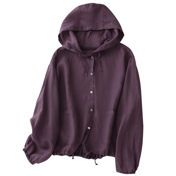 Cekizud Jackets for Women Breathable Linen Like Sun Jacket Hooded Button Down Casual Summer,Sizes M-2XL