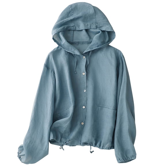 Cekizud Jackets for Women Breathable Linen Like Sun Jacket Hooded Button Down Casual Summer,Sizes M-2XL
