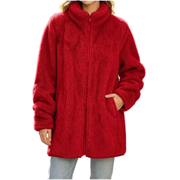 Cekizud Jackets for Women Double Layer Fleece Zip up Winter Warm Coat with Pockets Loose Fit, S-2XL