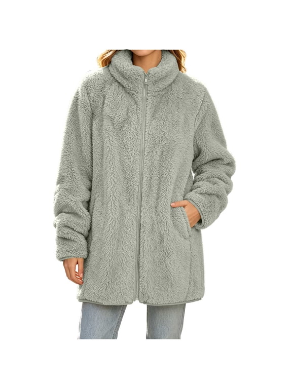 Jackets for Women Double Layer Fleece Zip up Winter Warm Coat with Pockets Loose Fit, S-2XL