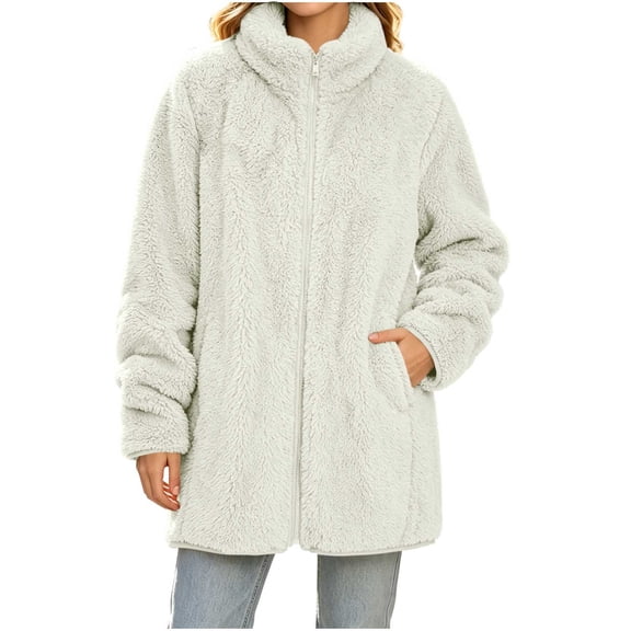 Cekizud Jackets for Women Double Layer Fleece Zip up Winter Warm Coat with Pockets Loose Fit, S-2XL