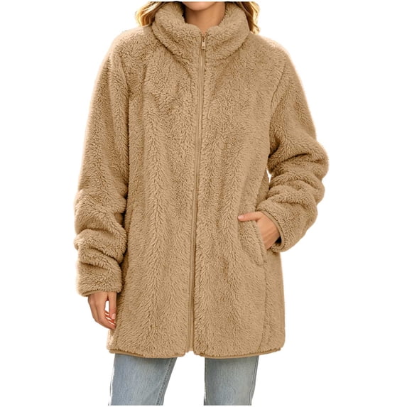 Cekizud Jackets for Women Double Layer Fleece Zip up Winter Warm Coat with Pockets Loose Fit, S-2XL