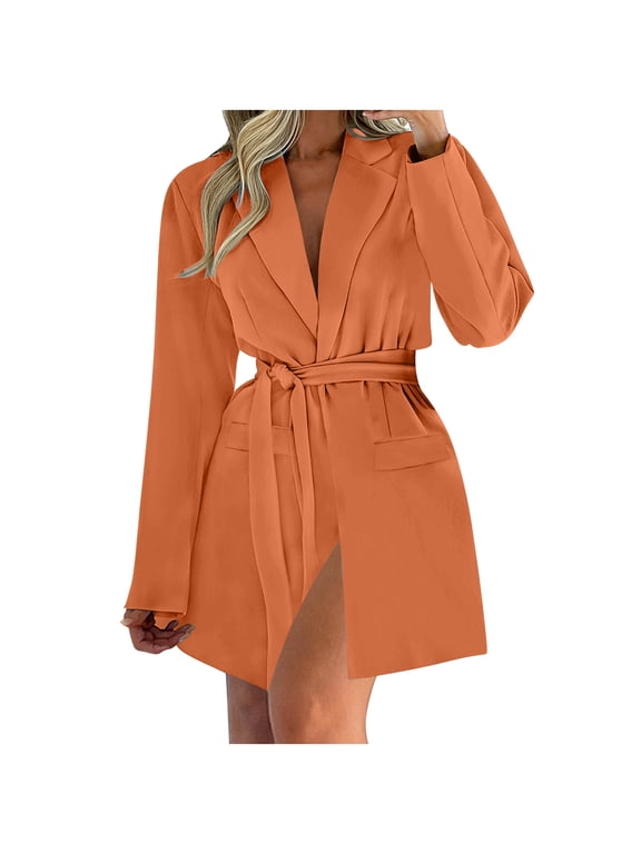 Jackets for Women Notched Lapel Belted Long Sleeve Business Suit Blazer with Pockets,Sizes S-3XL