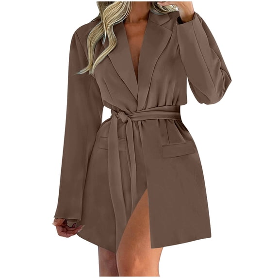 Cekizud Jackets for Women Notched Lapel Belted Long Sleeve Business Suit Blazer with Pockets,Sizes S-3XL