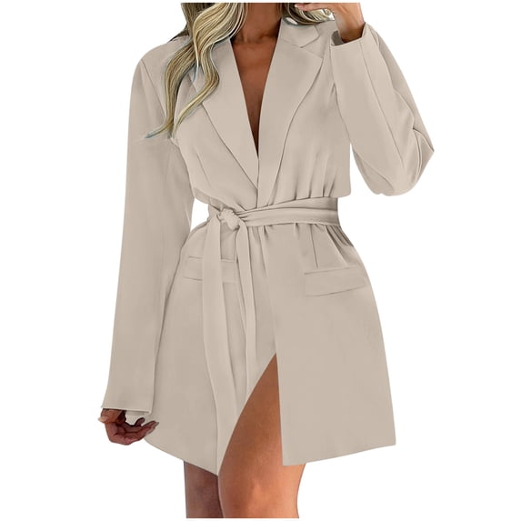 Cekizud Jackets for Women Notched Lapel Belted Long Sleeve Business Suit Blazer with Pockets,Sizes S-3XL