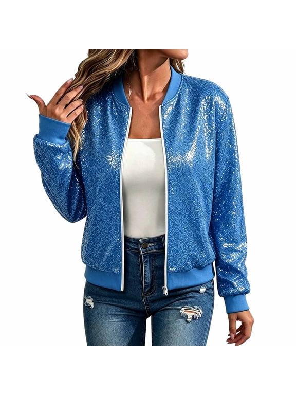Jackets for Women Sequin Bomber Jacket Ribbed Collar Full Zip Long Sleeve Party Casual Outerwear, S-2XL