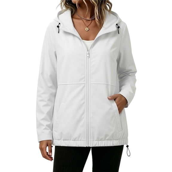 Cekizud Jackets for Women Solid Color Waterproof Rain Jacket with Drawstring Hem and Hood,Sizes S-2XL