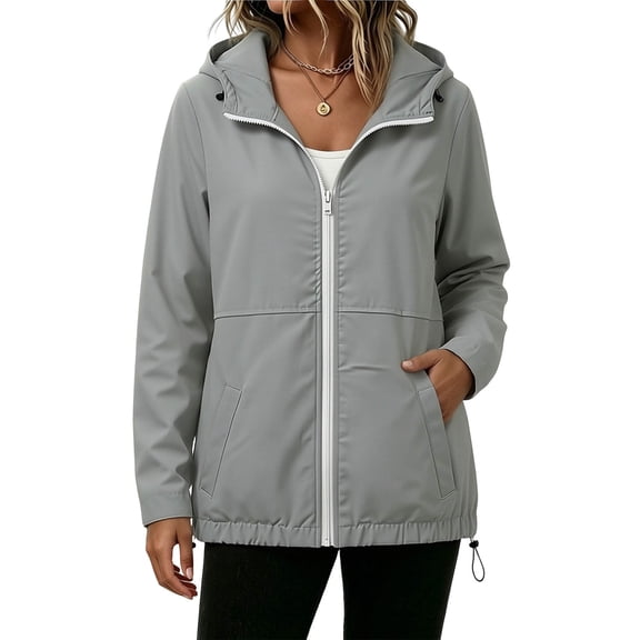 Cekizud Jackets for Women Solid Color Waterproof Rain Jacket with Drawstring Hem and Hood,Sizes S-2XL